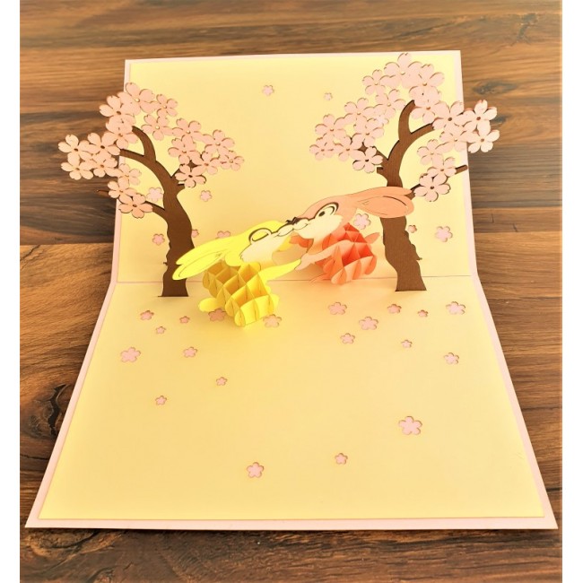 Handmade 3d Popup Card Two Rabbits In Love Sakura Tree,pink Sweet Forest,birthday,wedding Anniversary,engagement,big Day,valentine's Day Her